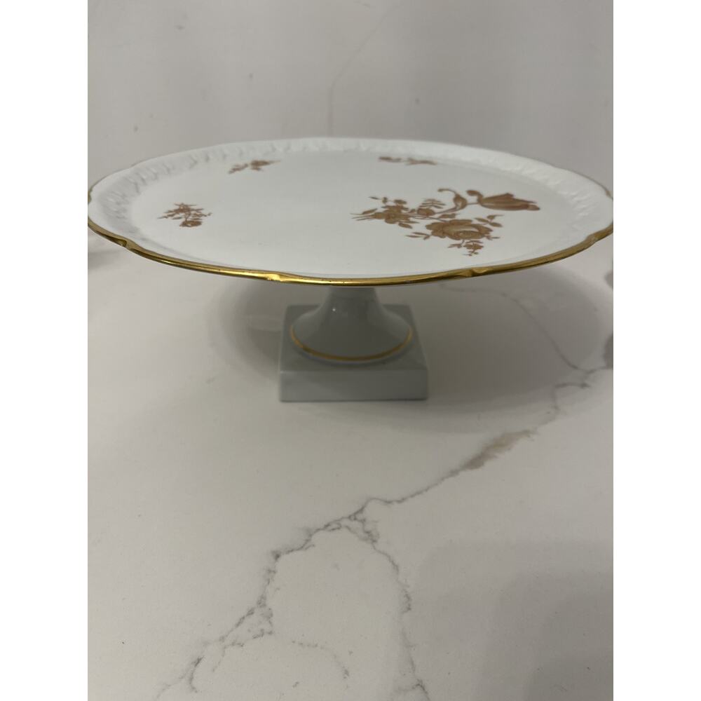 Limoges France Cake Stand Porcelain White Gold Trim Floral Vtg